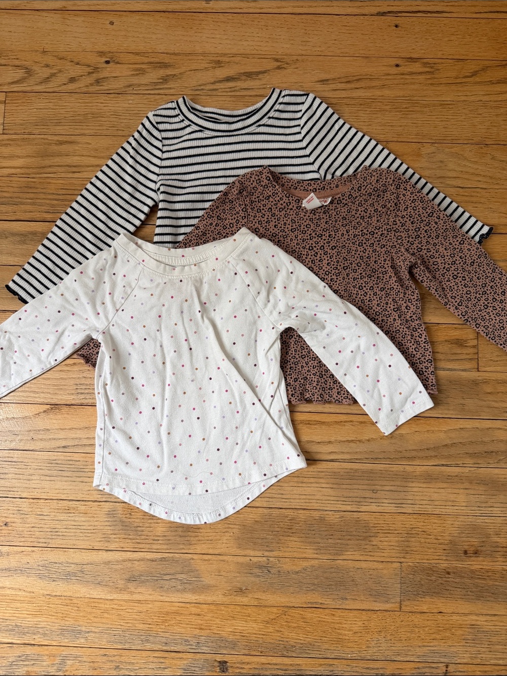 Girls' 3-Pack Long-Sleeve Tee Set — White Dot, Black Stripe & Brown Floral